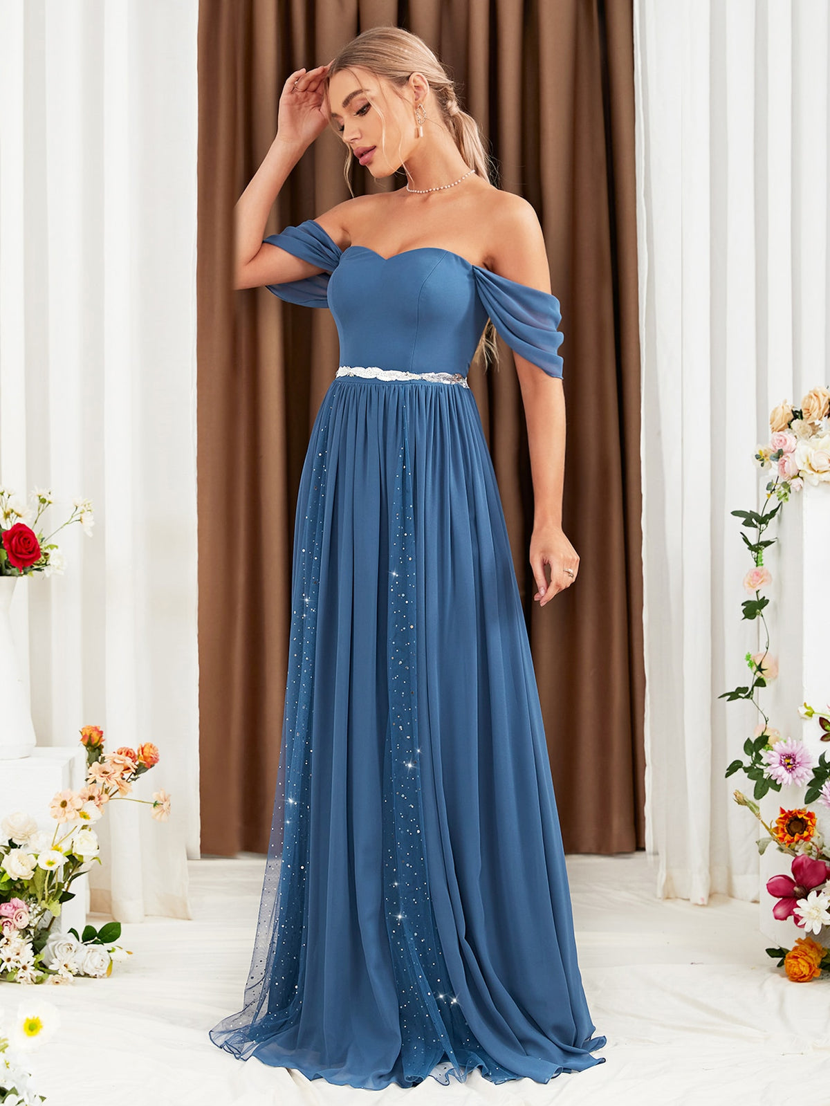 Off-Shoulder Mesh Hem Bridesmaid Dress For Party