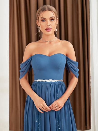 Off-Shoulder Mesh Hem Bridesmaid Dress For Party