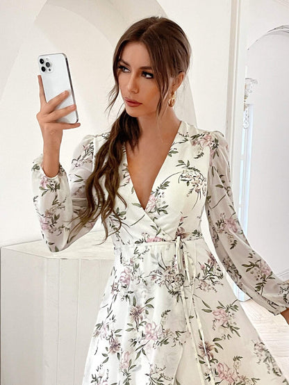 Floral Print Puff Sleeve Wrap Knot Side Chiffon Dress