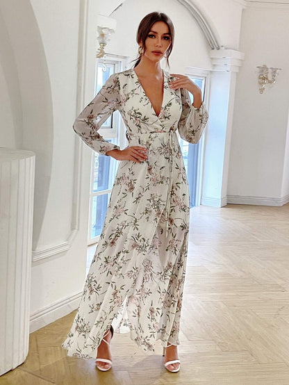 Floral Print Puff Sleeve Wrap Knot Side Chiffon Dress