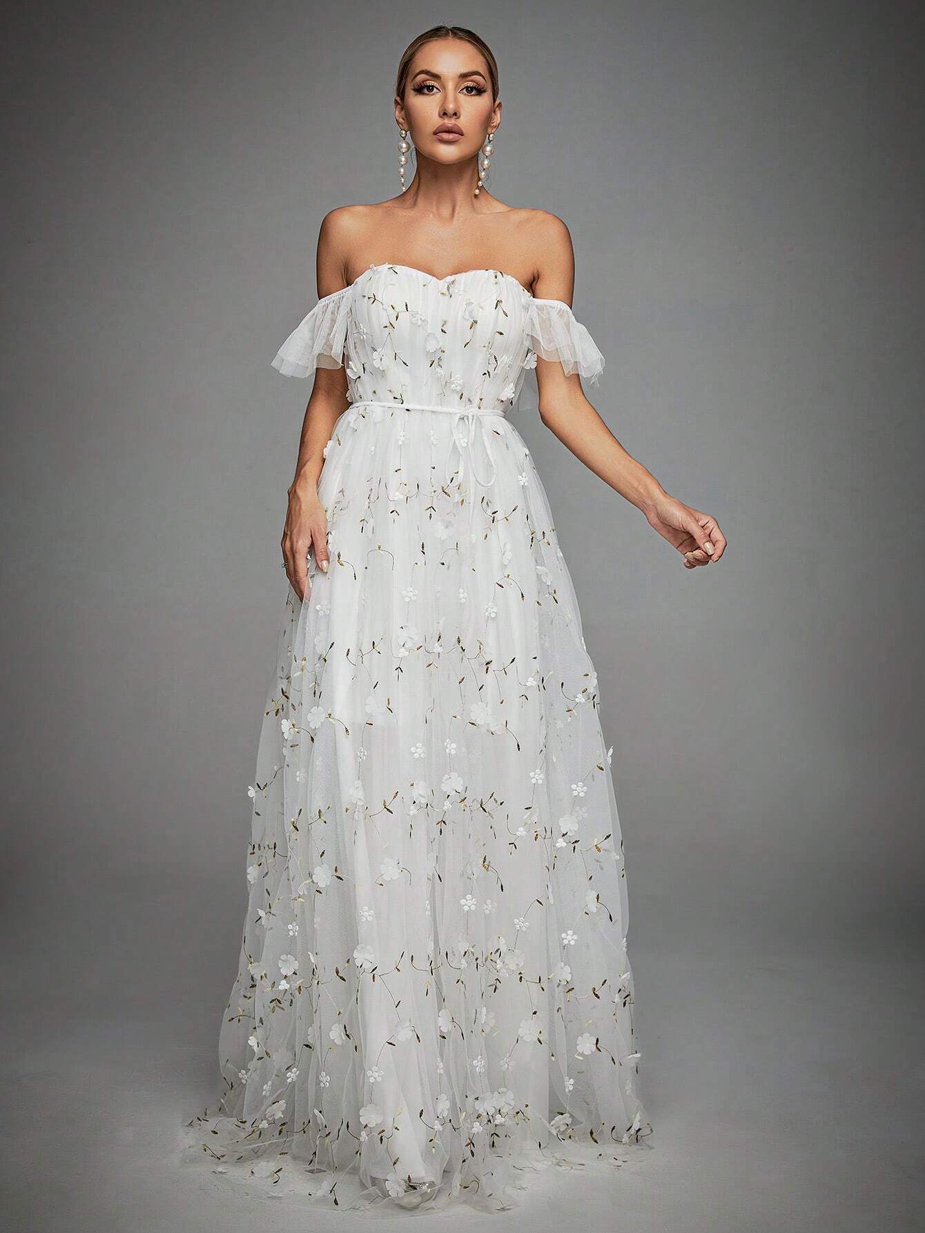 Off Shoulder Floral Appliques Mesh Overlay Dress White Elegant Wedding Bridal Dress,Bride Vacation