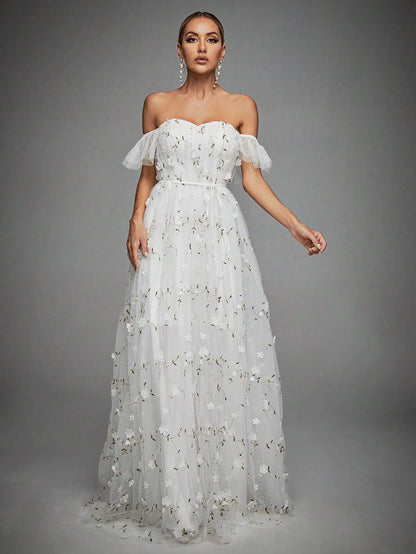 Off Shoulder Floral Appliques Mesh Overlay Dress White Elegant Wedding Bridal Dress,Bride Vacation