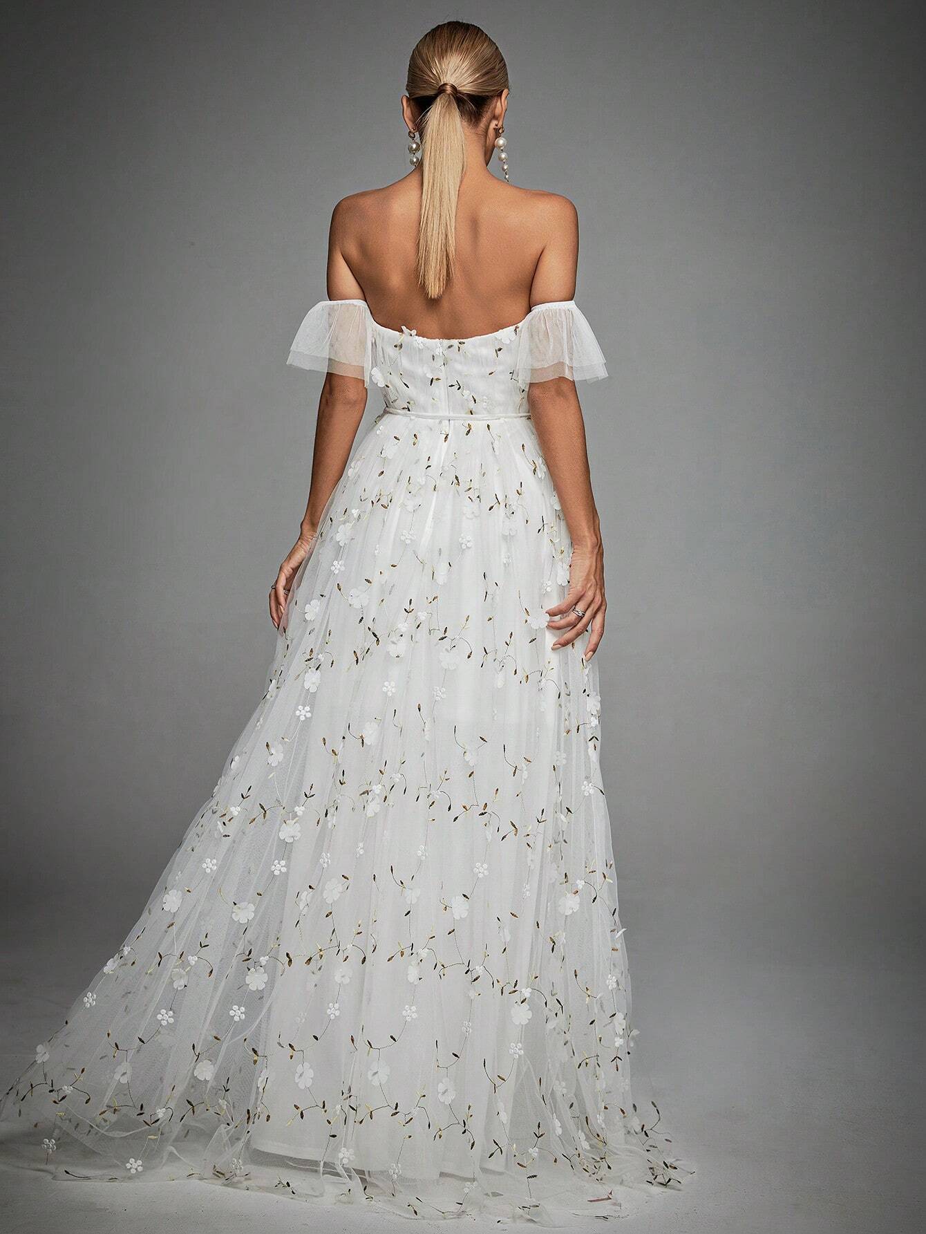 Off Shoulder Floral Appliques Mesh Overlay Dress White Elegant Wedding Bridal Dress,Bride Vacation