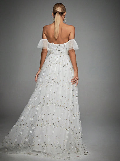 Off Shoulder Floral Appliques Mesh Overlay Dress White Elegant Wedding Bridal Dress,Bride Vacation
