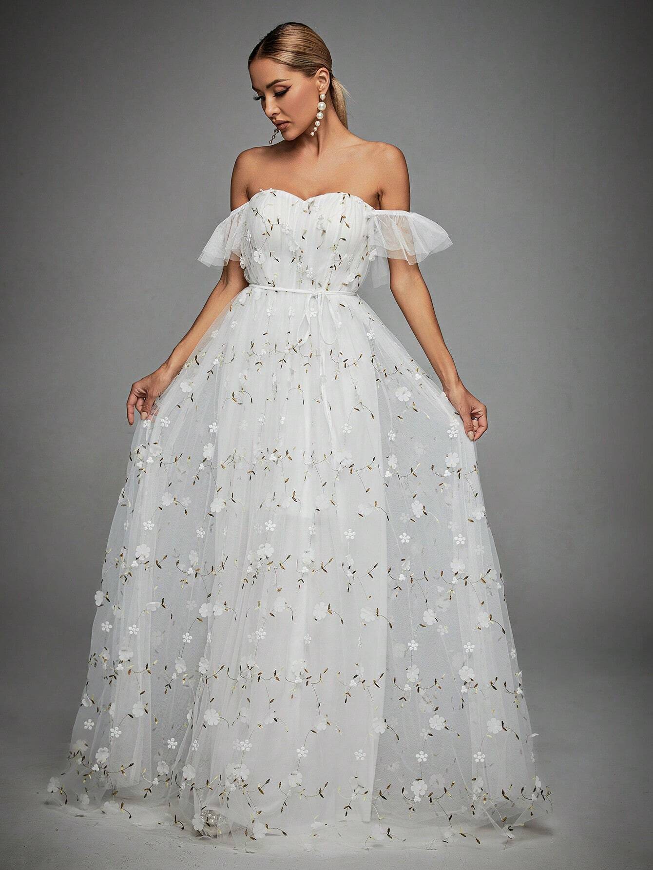 Off Shoulder Floral Appliques Mesh Overlay Dress White Elegant Wedding Bridal Dress,Bride Vacation