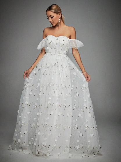 Off Shoulder Floral Appliques Mesh Overlay Dress White Elegant Wedding Bridal Dress,Bride Vacation
