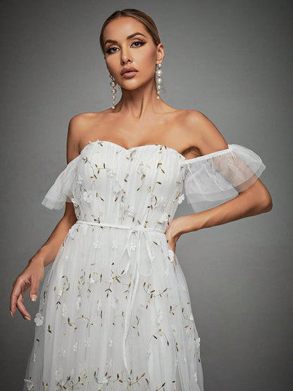 Off Shoulder Floral Appliques Mesh Overlay Dress White Elegant Wedding Bridal Dress,Bride Vacation