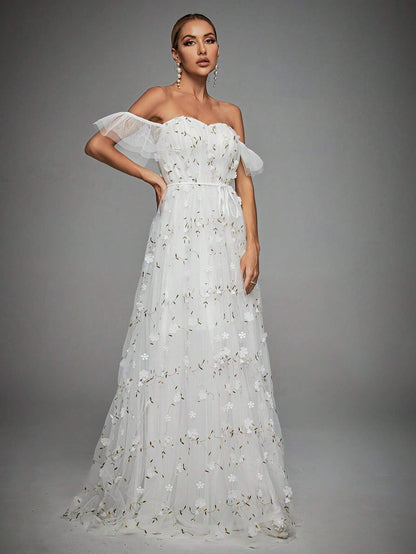 Off Shoulder Floral Appliques Mesh Overlay Dress White Elegant Wedding Bridal Dress,Bride Vacation