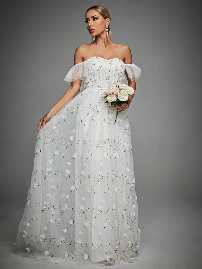 Off Shoulder Floral Appliques Mesh Overlay Dress White Elegant Wedding Bridal Dress,Bride Vacation