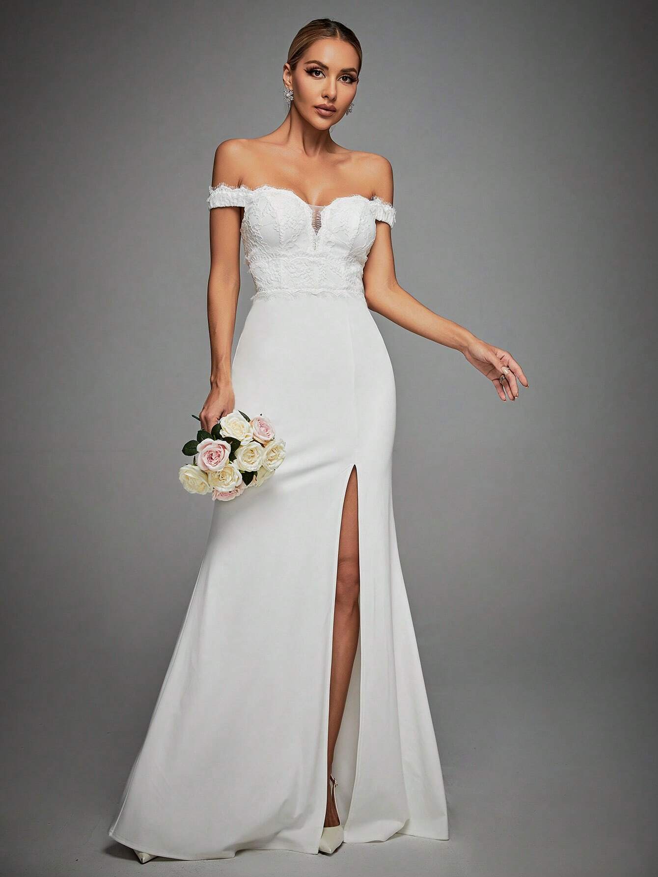 Off Shoulder Split Thigh Bustier Wedding Dress White Elegant Bridal Dress,Bride