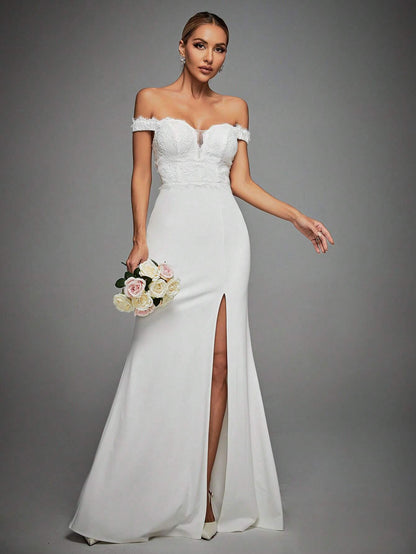 Off Shoulder Split Thigh Bustier Wedding Dress White Elegant Bridal Dress,Bride