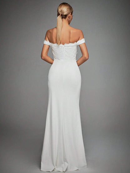 Off Shoulder Split Thigh Bustier Wedding Dress White Elegant Bridal Dress,Bride