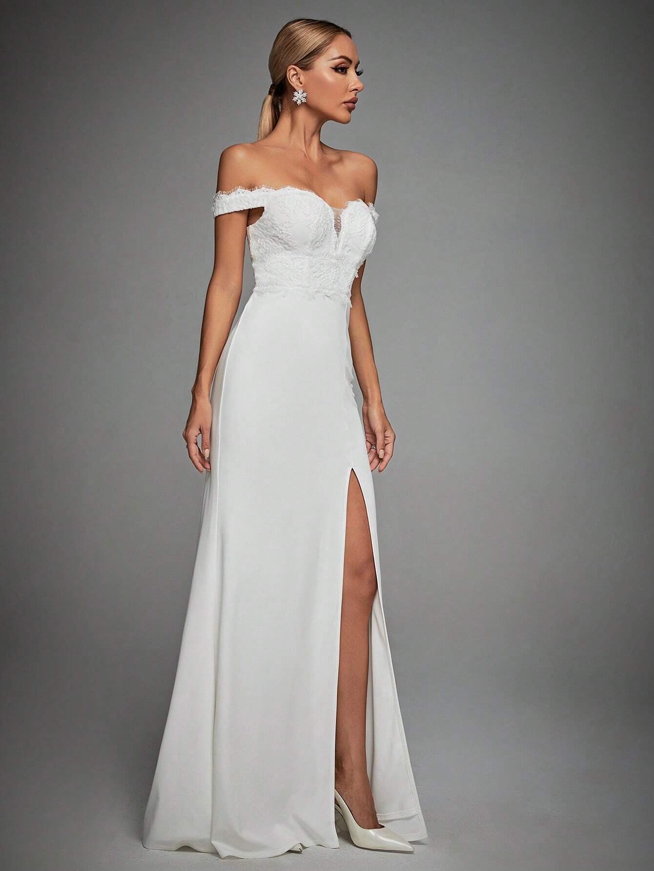 Off Shoulder Split Thigh Bustier Wedding Dress White Elegant Bridal Dress,Bride