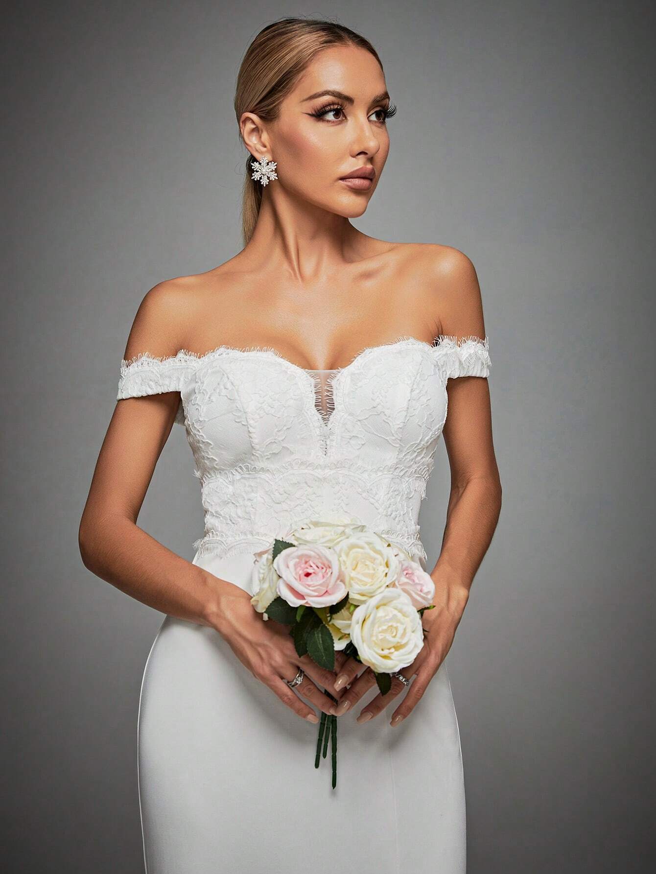 Off Shoulder Split Thigh Bustier Wedding Dress White Elegant Bridal Dress,Bride