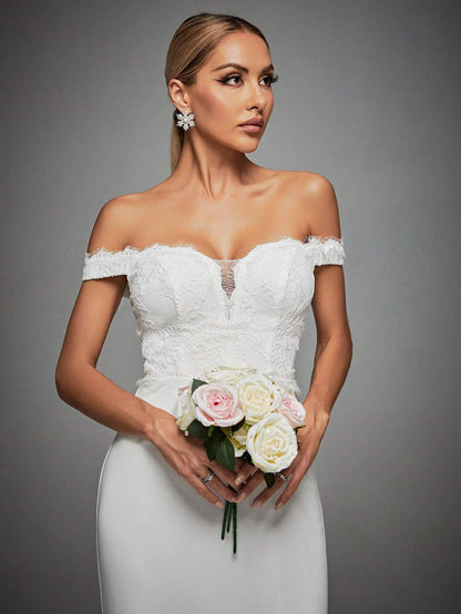 Off Shoulder Split Thigh Bustier Wedding Dress White Elegant Bridal Dress,Bride