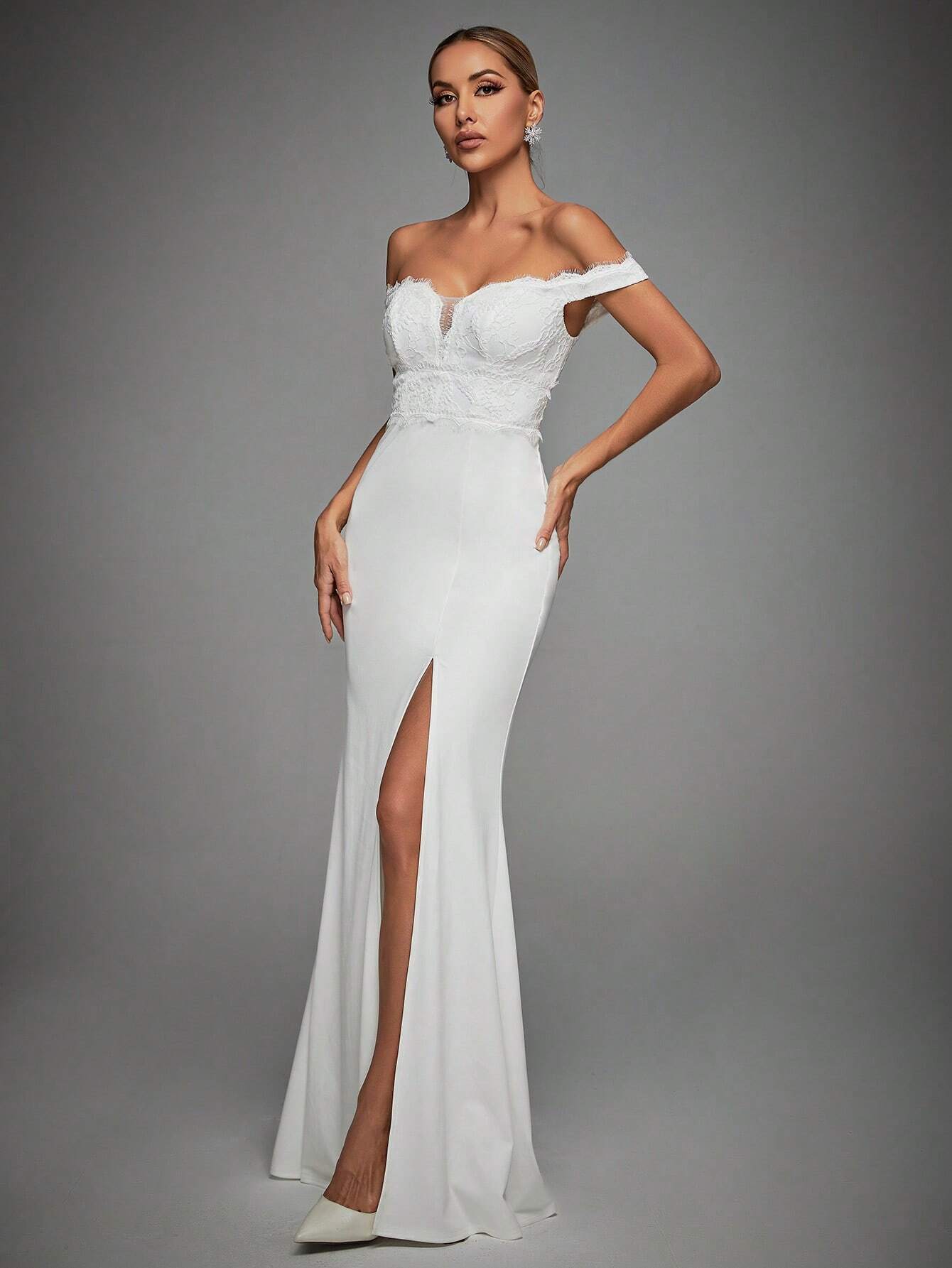 Off Shoulder Split Thigh Bustier Wedding Dress White Elegant Bridal Dress,Bride