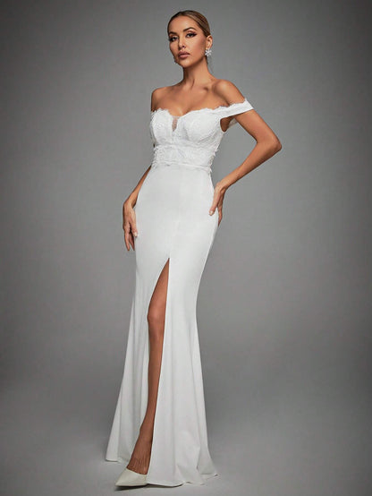 Off Shoulder Split Thigh Bustier Wedding Dress White Elegant Bridal Dress,Bride