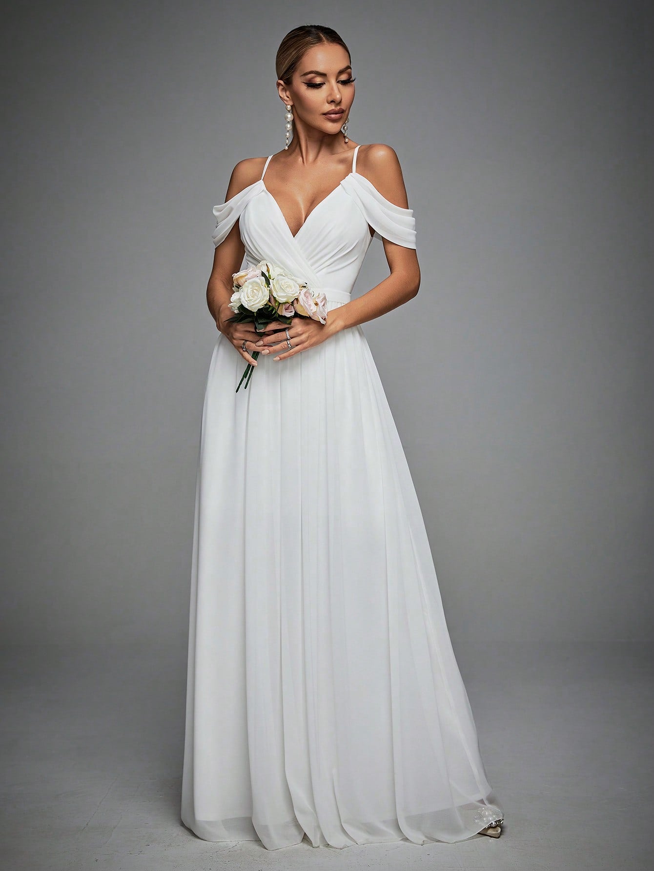 Cold Shoulder Maxi Chiffon Wedding Dress White Elegant Bridal Dress, Bride Spring