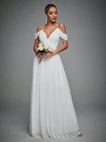 Cold Shoulder Maxi Chiffon Wedding Dress White Elegant Bridal Dress, Bride Spring