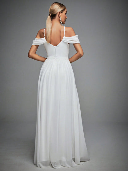 Cold Shoulder Maxi Chiffon Wedding Dress White Elegant Bridal Dress, Bride Spring