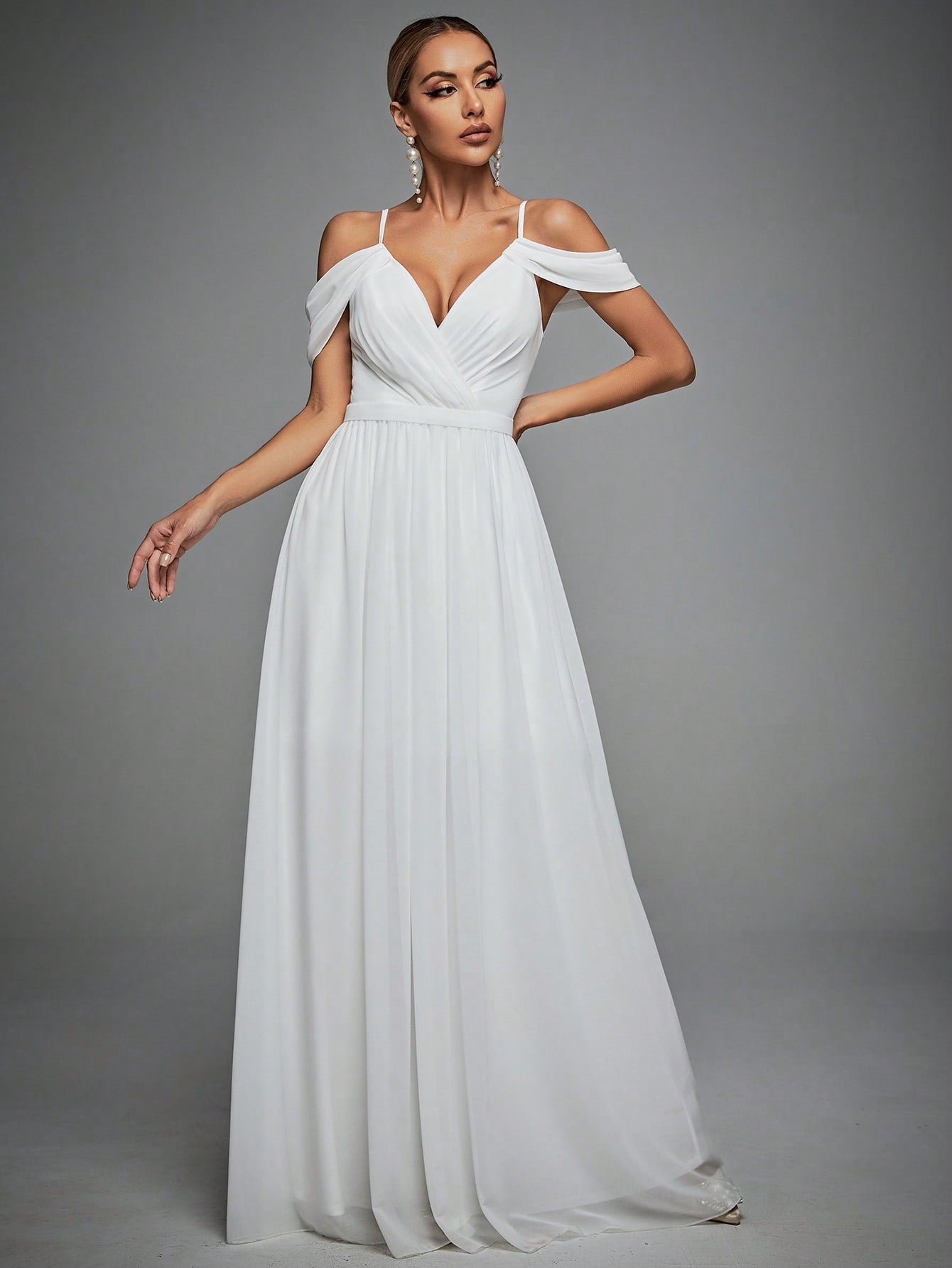 Cold Shoulder Maxi Chiffon Wedding Dress White Elegant Bridal Dress, Bride Spring