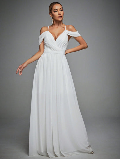 Cold Shoulder Maxi Chiffon Wedding Dress White Elegant Bridal Dress, Bride Spring
