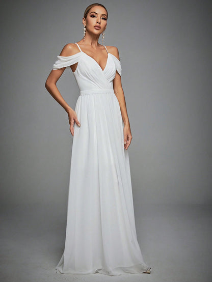 Cold Shoulder Maxi Chiffon Wedding Dress White Elegant Bridal Dress, Bride Spring