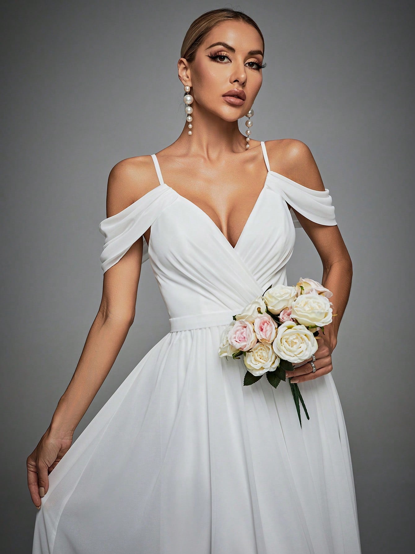 Cold Shoulder Maxi Chiffon Wedding Dress White Elegant Bridal Dress, Bride Spring