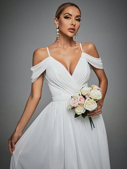 Cold Shoulder Maxi Chiffon Wedding Dress White Elegant Bridal Dress, Bride Spring
