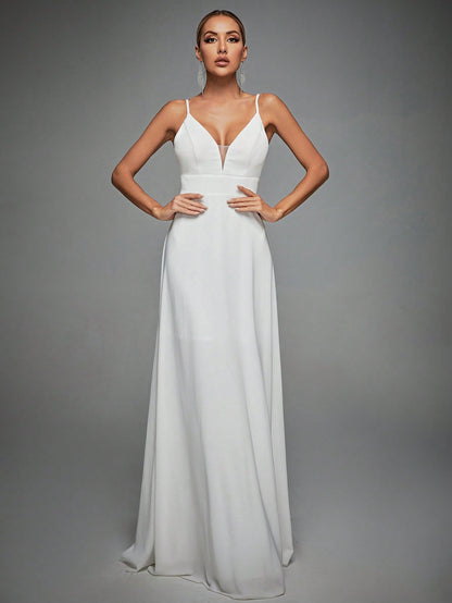 Contrast Lace Backless Cami Wedding Dress White Elegant Bridal Dress,Bride, For Valentine's Day Spring