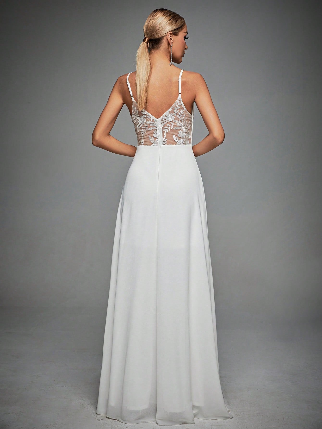 Contrast Lace Backless Cami Wedding Dress White Elegant Bridal Dress,Bride, For Valentine's Day Spring