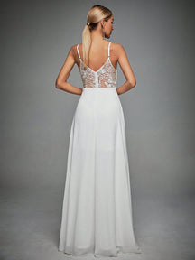 Contrast Lace Backless Cami Wedding Dress White Elegant Bridal Dress,Bride, For Valentine's Day Spring