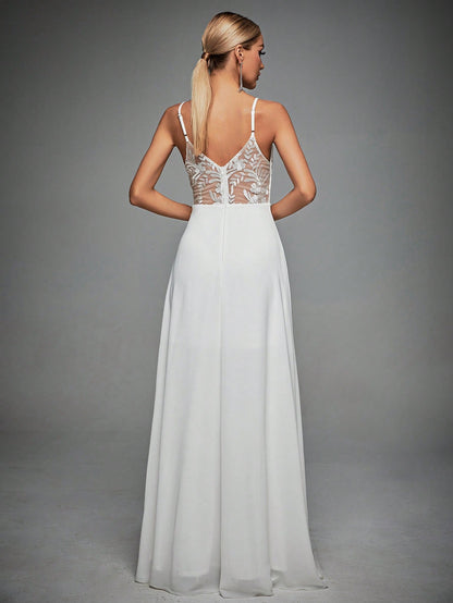 Contrast Lace Backless Cami Wedding Dress White Elegant Bridal Dress,Bride, For Valentine's Day Spring