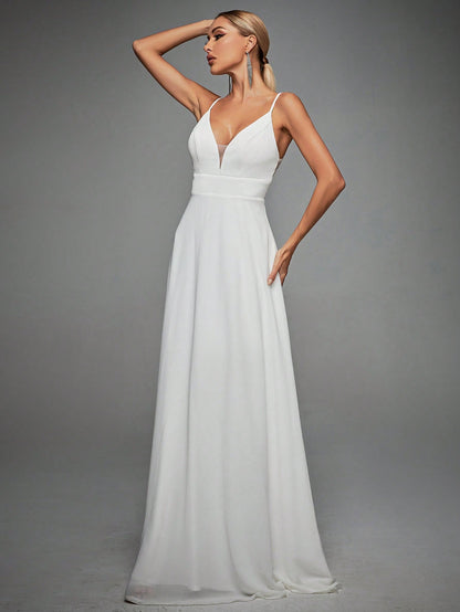 Contrast Lace Backless Cami Wedding Dress White Elegant Bridal Dress,Bride, For Valentine's Day Spring