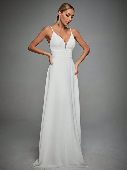 Contrast Lace Backless Cami Wedding Dress White Elegant Bridal Dress,Bride, For Valentine's Day Spring
