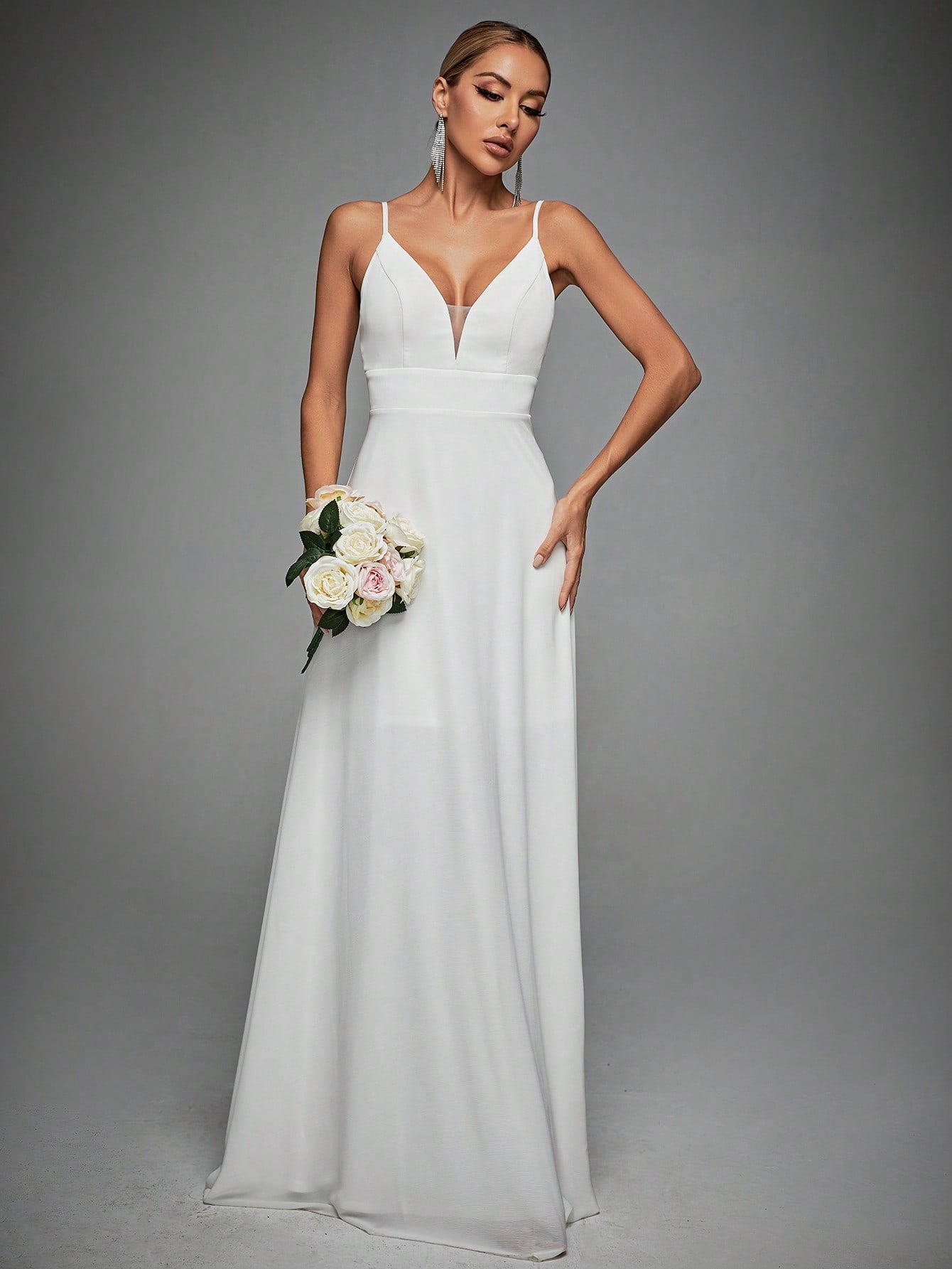 Contrast Lace Backless Cami Wedding Dress White Elegant Bridal Dress,Bride, For Valentine's Day Spring