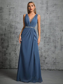 Deep V-Neck Backless Glittery Silver Sash Pleated Chiffon Party Split Dress Elegant Bridesmaid Dress Wedding Spring