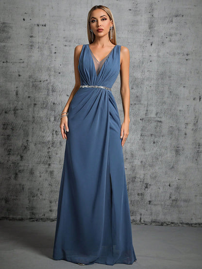 Deep V-Neck Backless Glittery Silver Sash Pleated Chiffon Party Split Dress Elegant Bridesmaid Dress Wedding Spring