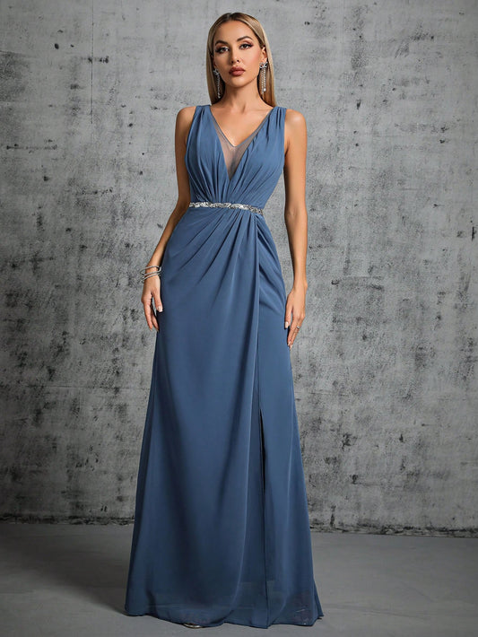 Deep V-Neck Backless Glittery Silver Sash Pleated Chiffon Party Split Dress Elegant Bridesmaid Dress Wedding Spring
