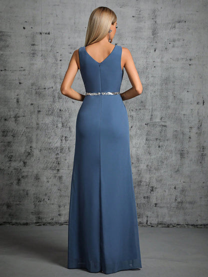Deep V-Neck Backless Glittery Silver Sash Pleated Chiffon Party Split Dress Elegant Bridesmaid Dress Wedding Spring