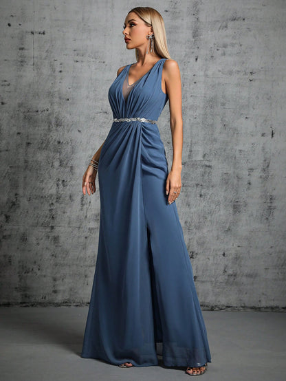 Deep V-Neck Backless Glittery Silver Sash Pleated Chiffon Party Split Dress Elegant Bridesmaid Dress Wedding Spring