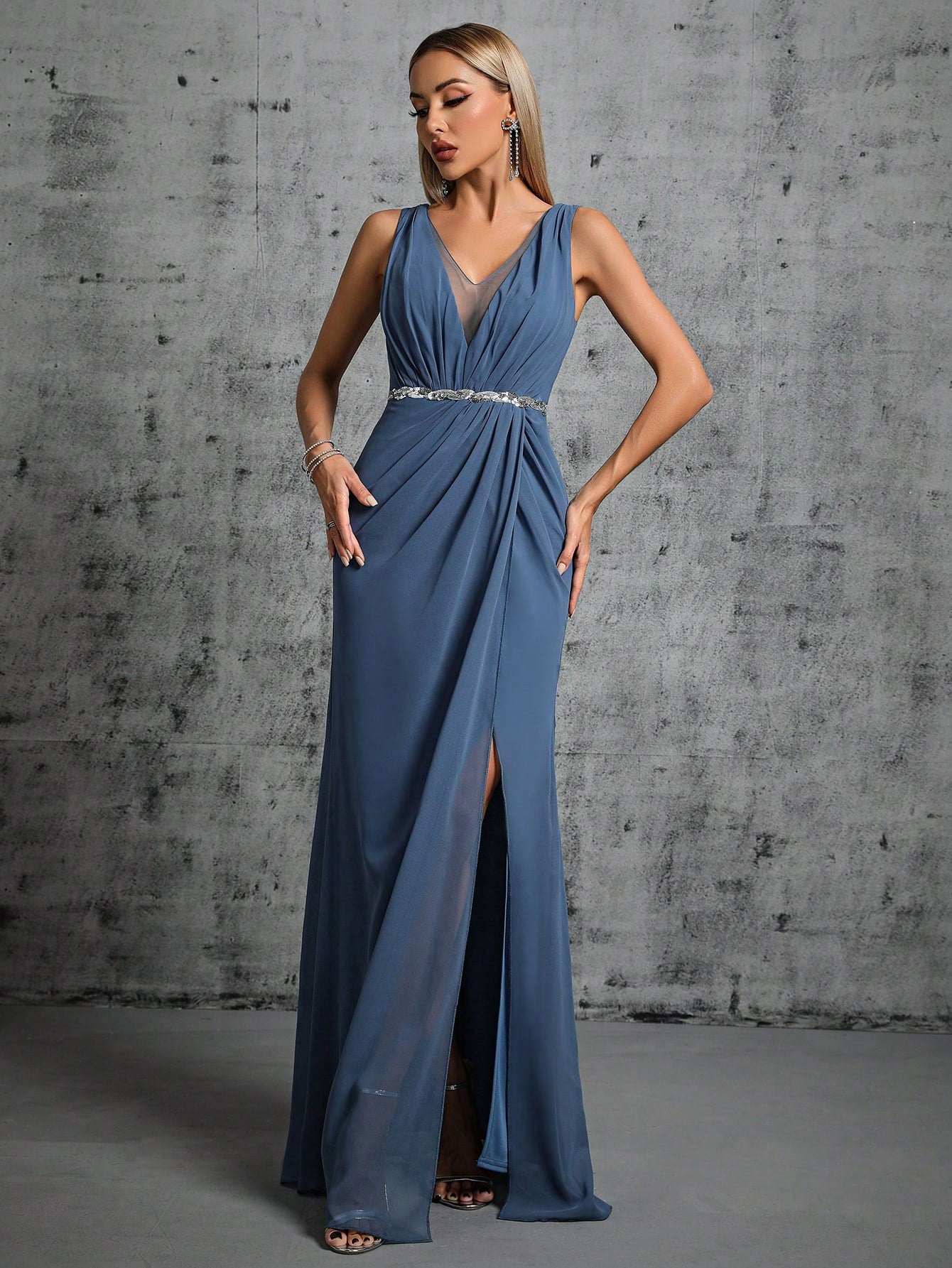 Deep V-Neck Backless Glittery Silver Sash Pleated Chiffon Party Split Dress Elegant Bridesmaid Dress Wedding Spring