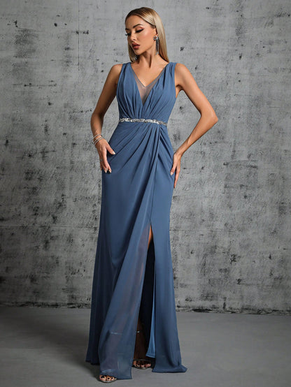 Deep V-Neck Backless Glittery Silver Sash Pleated Chiffon Party Split Dress Elegant Bridesmaid Dress Wedding Spring