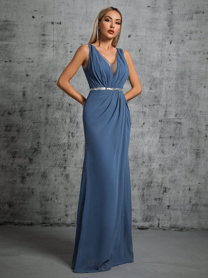 Deep V-Neck Backless Glittery Silver Sash Pleated Chiffon Party Split Dress Elegant Bridesmaid Dress Wedding Spring