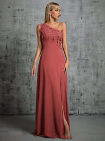 One Shoulder Lace Detail Split Thigh Bridesmaid Dress