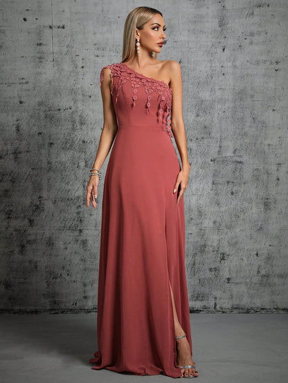 One Shoulder Lace Detail Split Thigh Bridesmaid Dress