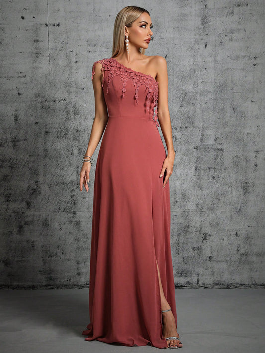 One Shoulder Lace Detail Split Thigh Bridesmaid Dress