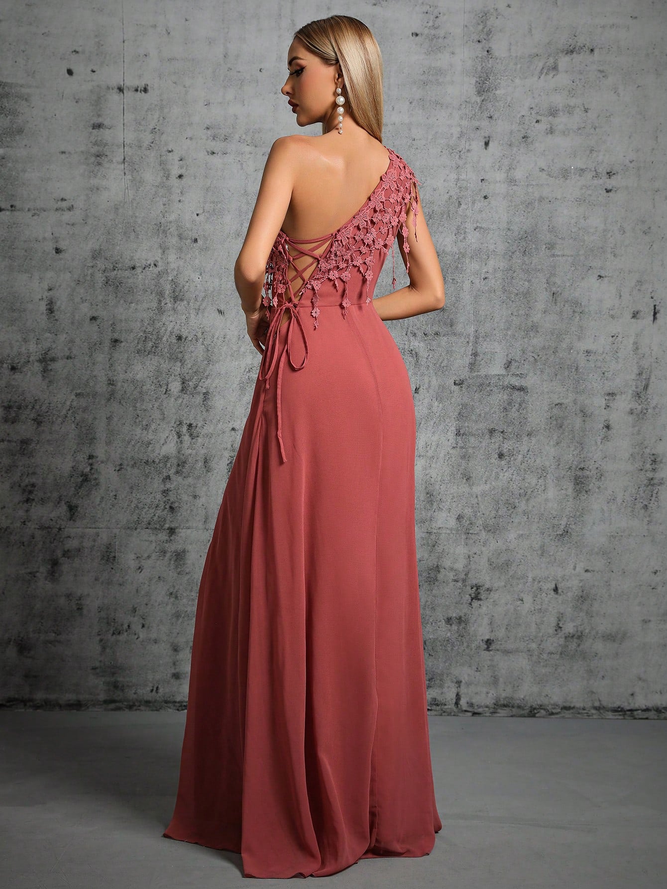 One Shoulder Lace Detail Split Thigh Bridesmaid Dress