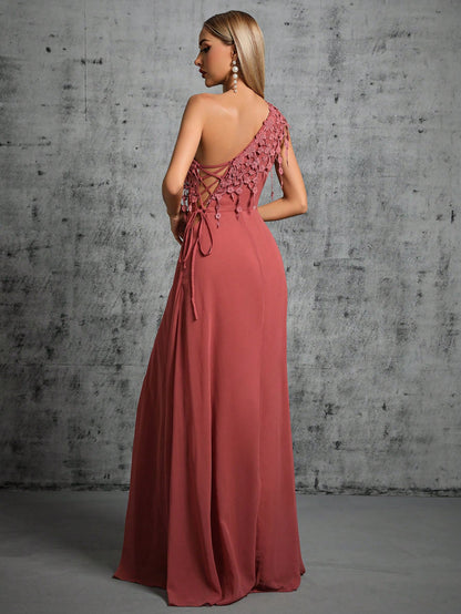 One Shoulder Lace Detail Split Thigh Bridesmaid Dress