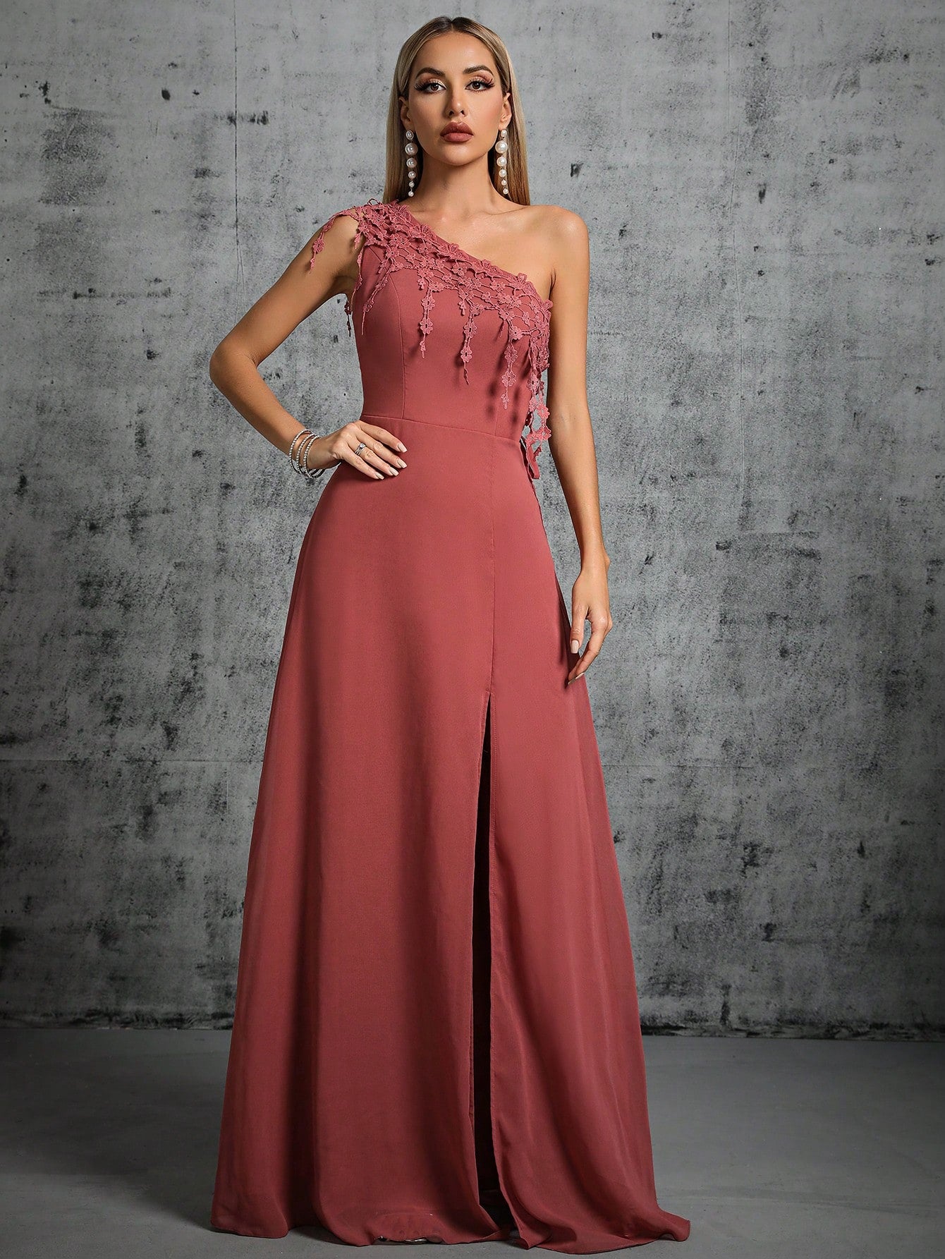 One Shoulder Lace Detail Split Thigh Bridesmaid Dress